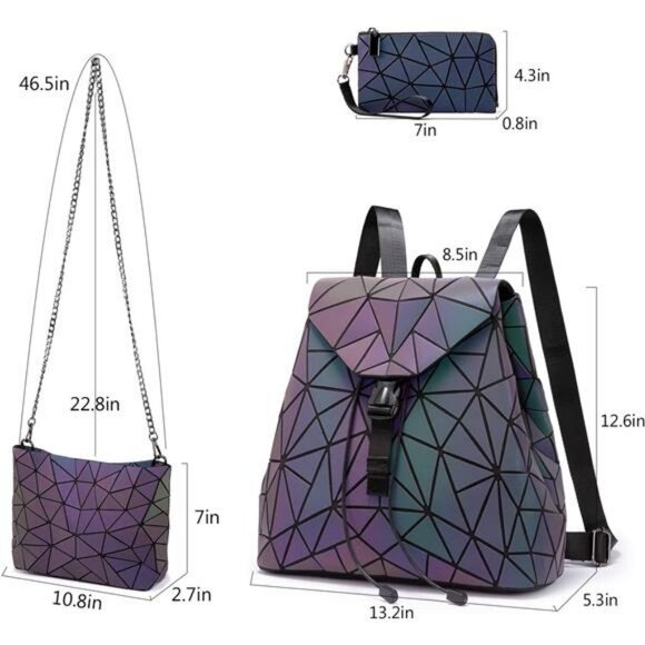 Geometric Luminous Bag Holographic Reflective Bag Backpack Wallet Clutch Set - Picture 3 of 7